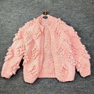 ModCloth Cardigan Sweater Women XS Pink Textured Chunky Knit Pom Pom Detail Cozy